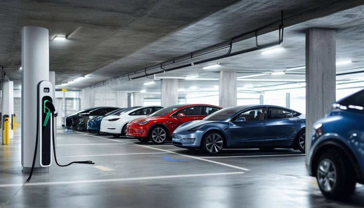 EV chargers and cars in a parking lot garage indoors