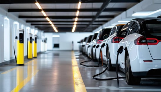 ev cars in a row charging in indoor parking lot